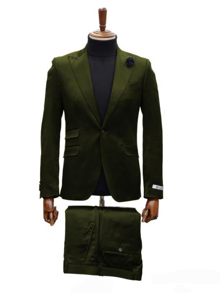 Mens Shiny Blazer - Olive Green Sateen Vested Suit