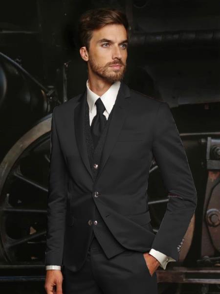 Black Sateen Vested Blazer for Men
