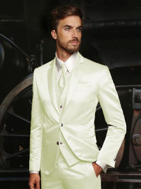 Mens Shiny Blazer - Ivory Sateen Vested Suit