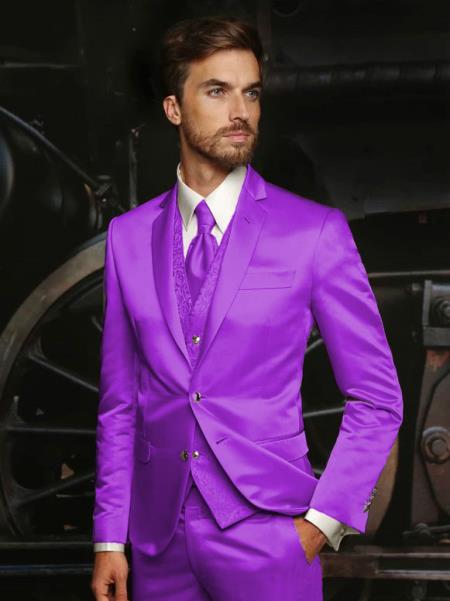 Mens Shiny Blazer - Purple Sateen Vested Suit