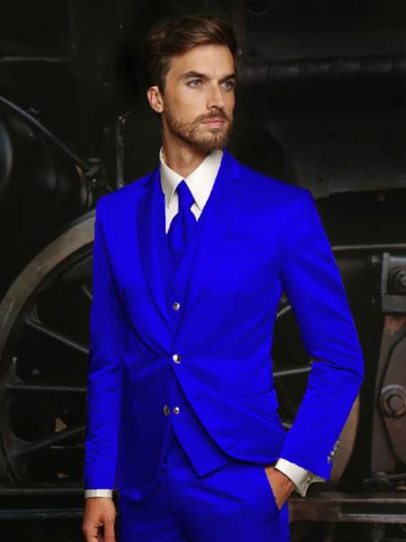 Royal Blue Sateen Vested Blazer for Men