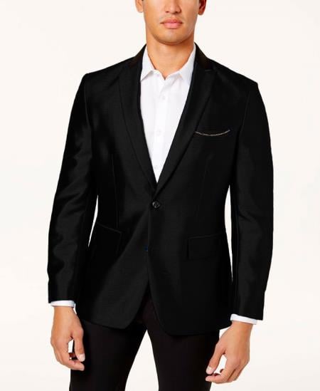SKU#JA61679 Mens Shiny Blazer - Black Sateen Vested Suit
