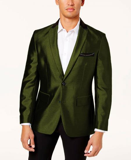 Mens Shiny Blazer - Olive Green Sateen Vested Suit