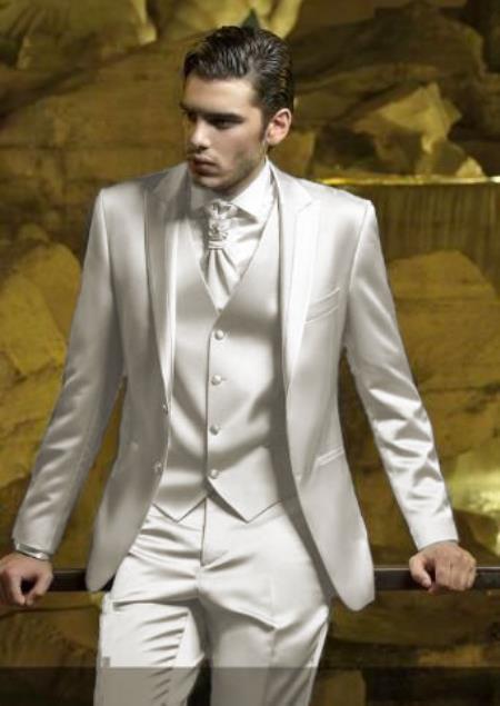 Mens Shiny Blazer - Off-White Sateen Vested Suit