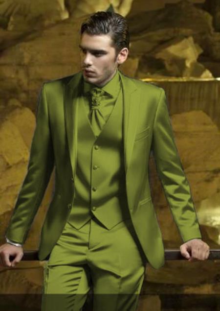 Mens Shiny Blazer - Olive Green Sateen Vested Suit