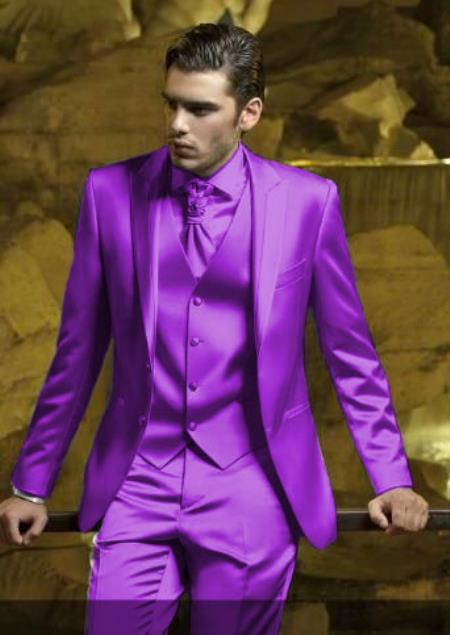 Mens Shiny Blazer - Purple Sateen Vested Suit
