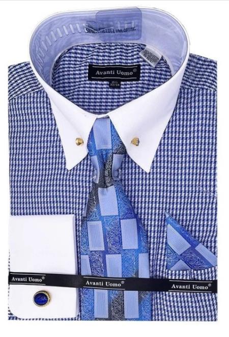 Blue Pin Collar Dress Shirt With Collar Bar