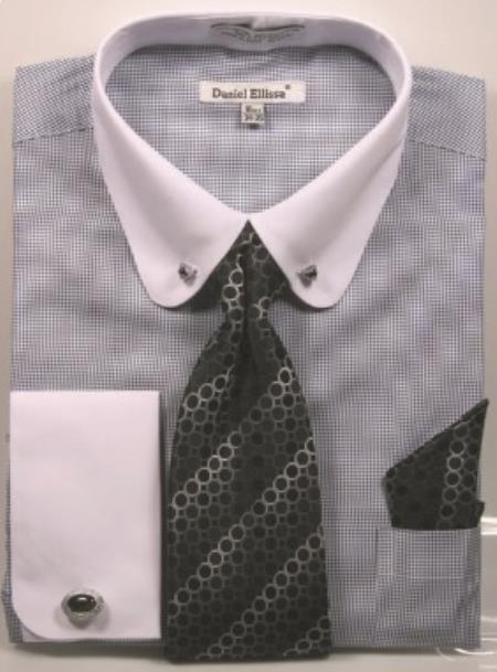 Black Pin Collar Dress Shirt With Collar Bar