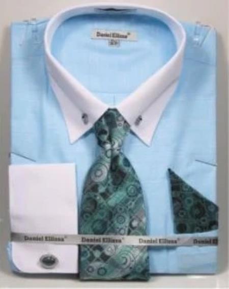 Aqua Pin Collar Dress Shirt With Collar Bar