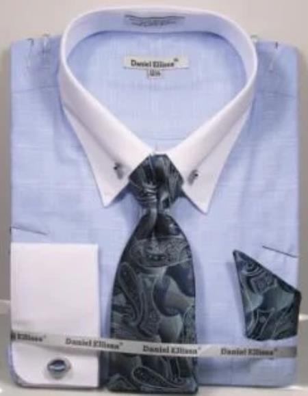 Blue Pin Collar Dress Shirt With Collar Bar