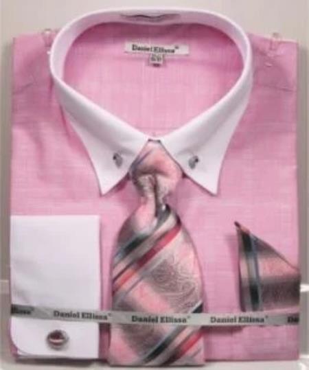 Pink Pin Collar Dress Shirt With Collar Bar