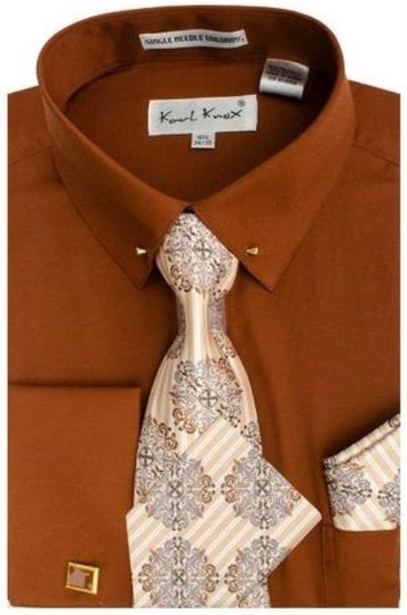 Brown Pin Collar Dress Shirt With Collar Bar