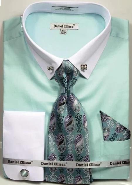 Mint ~ Green Pin Collar Dress Shirt With Collar Bar