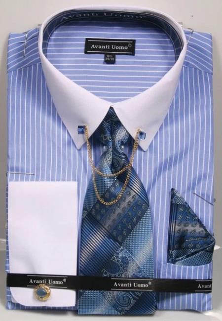 Blue Pin Collar Dress Shirt With Collar Bar