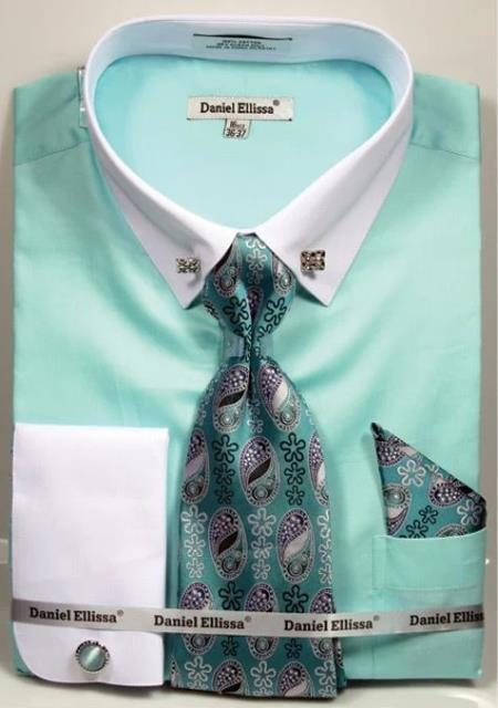 Mint Green Pin Collar Dress Shirt With Collar Bar