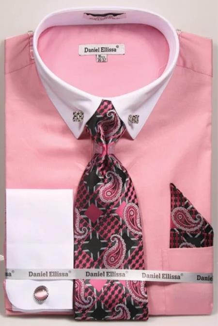 Pink Pin Collar Dress Shirt With Collar Bar