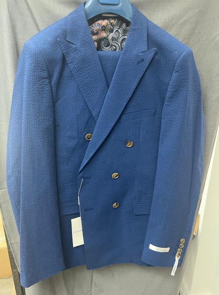 Double Breasted Suit - Seersucker Suit - Blue Summer Suit