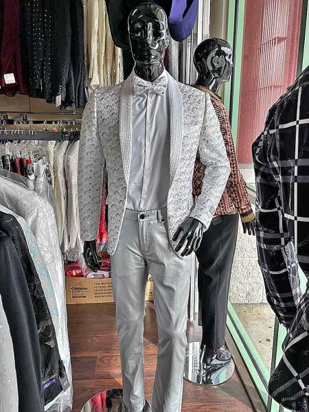 Mens One Button Shawl Lapel Gray Suit