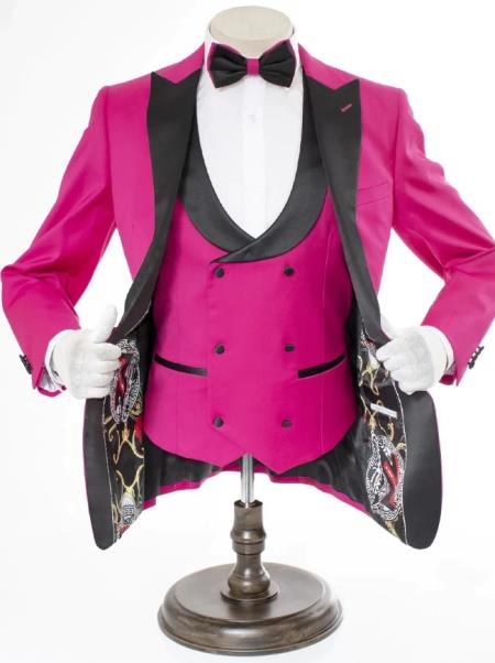 Mens 2 Button Peak Lapel Prom Tuxedo with Double Breasted Vest in Rose Pink main image 1