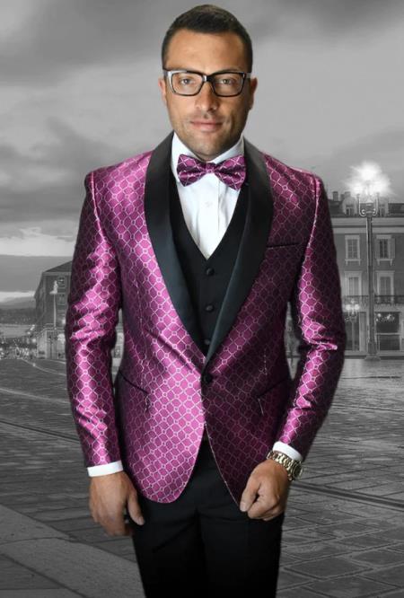 Mens Vested One Button Shawl Tuxedo in Geometric Chain Print in Fuchsia