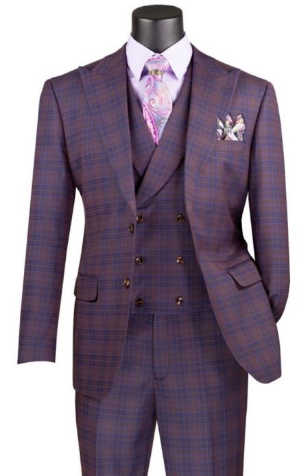 Purple Plaid Suit - Vested Suit - 3 Piece Suits - Peak Lapel Suits - Windowpane Suit - 2 Button