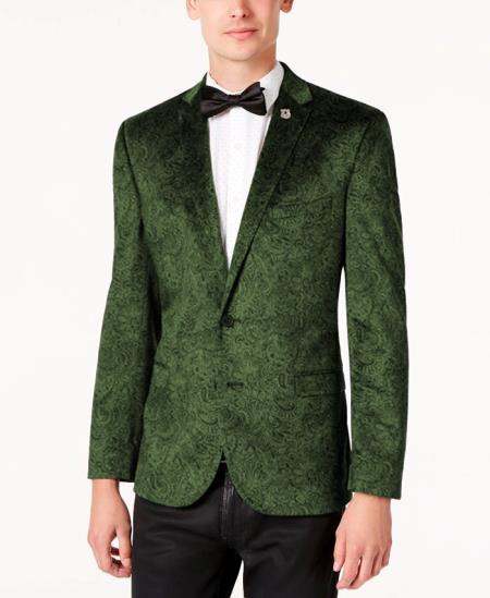 Olive Velvet Blazer - Paisley Sport Coat - Slim Fit