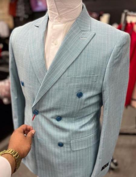 Double Breasted Suit - Stripe - Pinstripe Suit - Sky Blue - Light Blue