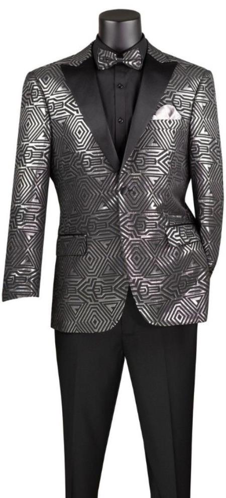Silver And Black Paisley Blazer - Silver Gray Prom Suit With Black Pants And Matching Bowtie main image 0