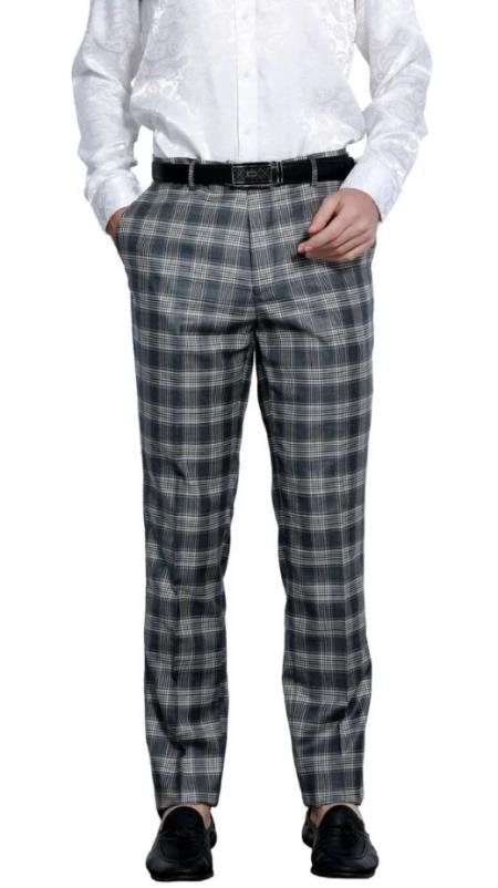 Mens Skinny Fit Pants - Glen Checker - Navy Dress Pants