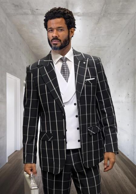 Athletic Suit - Black ~ White Windowpane - Plaid Suit Modern Fit Side Vented Super 150's Wool Fabric