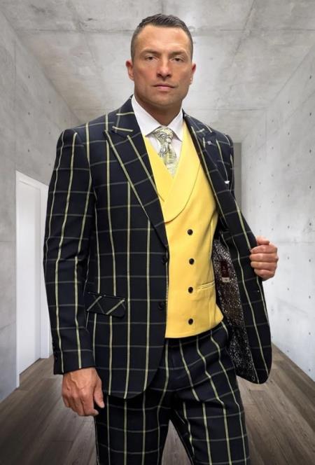 Athletic Suit - Black ~ Yellow Windowpane - Plaid Suit Modern Fit Side Vented Super 150's Wool Fabric