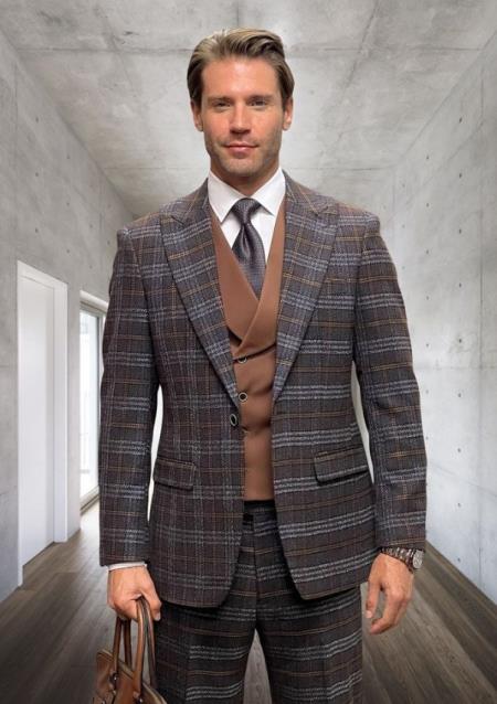 Athletic Suit - Brown Windowpane - Plaid Suit Modern Fit Side Vented Super 150's Wool Fabric