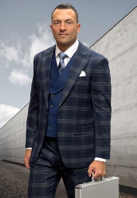 Athletic Suit - Indigo Windowpane - Plaid Suit Modern Fit Side Vented Super 150's Wool Fabric