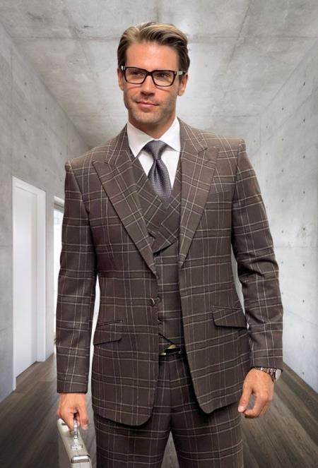 Athletic Suit - Brown Windowpane - Plaid Suit Modern Fit Side Vented Super 150's Wool Fabric