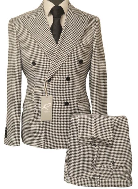 Houndstooth Double Breasted Suit - Wool Fabric Black and White Patterned Checkered Suit