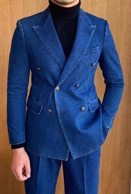 Double Breasted Suit - Denim Linen Suit Slim Fitted - Cotton Denim Fabric