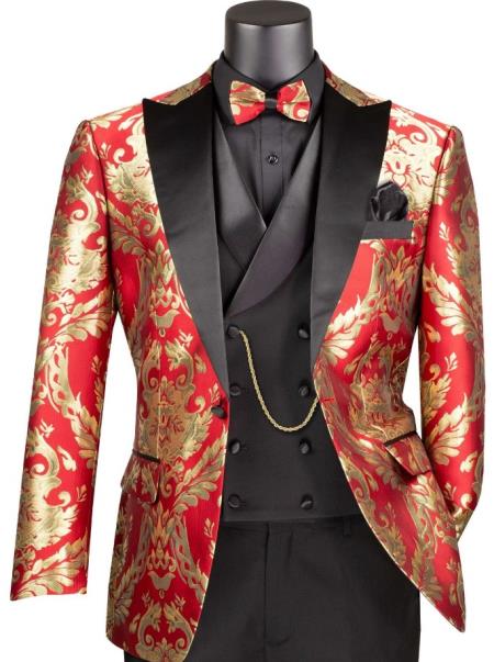 Vinci Mens Red and Gold Modern Fit 3pc Tuxedo Suit