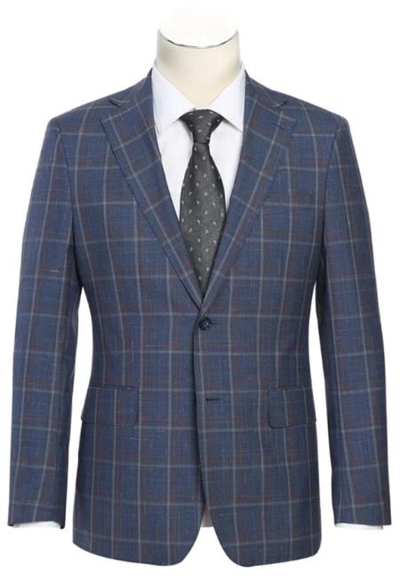 Men's Slim Fit Suit - Fitted Suit - Skinny Suit Men's Blue Windowpane Plaid Side vents Suit main image 0
