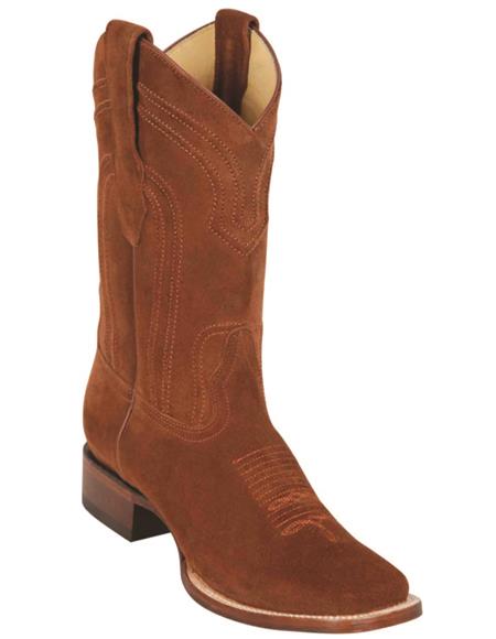 Mens Square Toe Cowboy Suede Boots Cognac