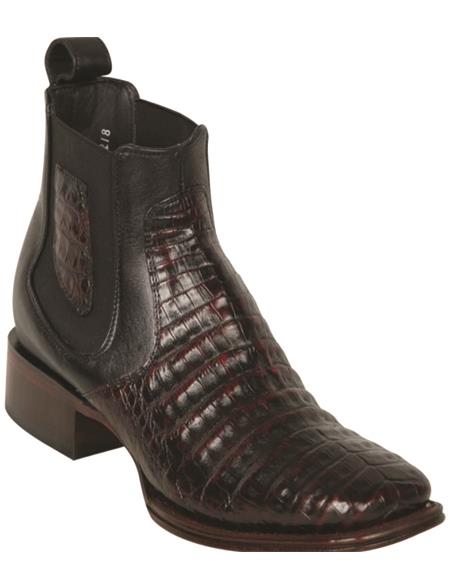 Mens Short Square Toe Caiman Boots Black Cherry