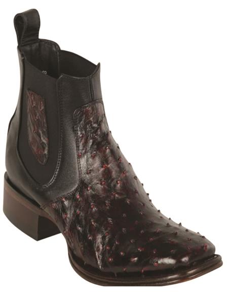 Mens Short Square Toe Black Cherry Ostrich Leather Boots