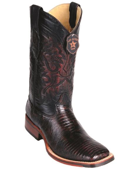 Mens Lizard Square Toe Cowboy Boots Black Cherry