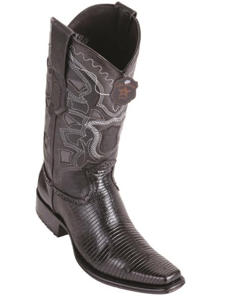 Mens Lizard Teju European Toe Black Cowboy Boots
