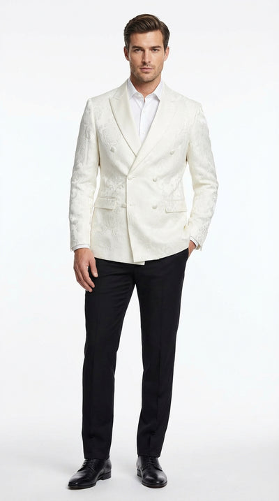 Men’s Ivory Dinner Jacket Floral Jacquard Blazer – Double Breasted Satin Lapel Formal Tuxedo Jacket for Wedding Cream Off White color