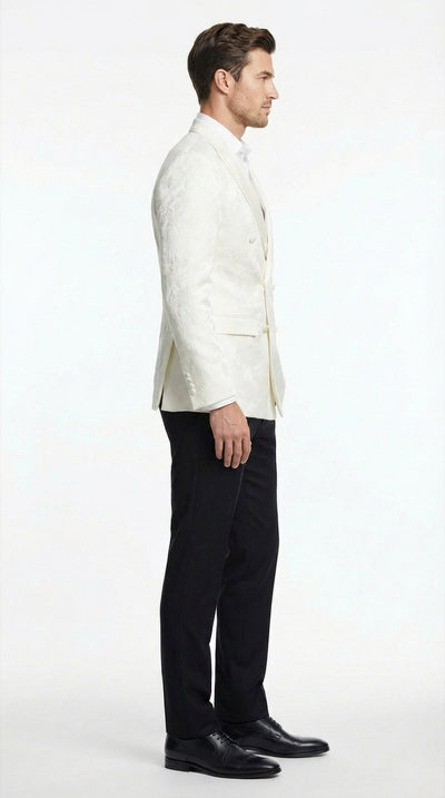Men’s Ivory Dinner Jacket Floral Jacquard Blazer – Double Breasted Satin Lapel Formal Tuxedo Jacket for Wedding Cream Off White color