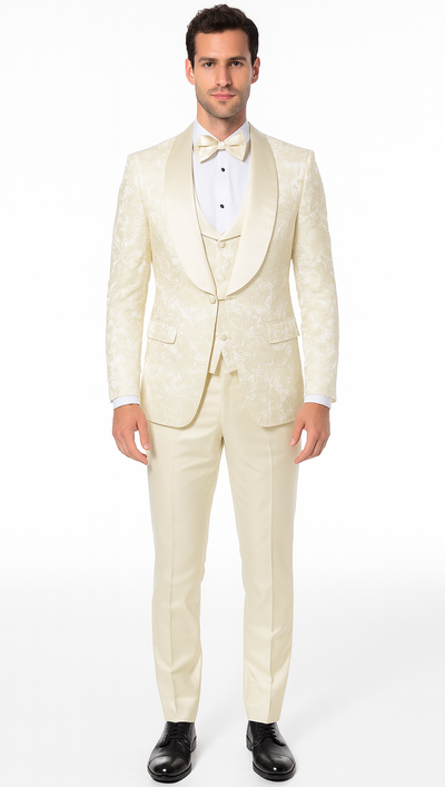 Ivory Floral Tuxedo Set with Wide Shawl Lapel β Wedding & Prom