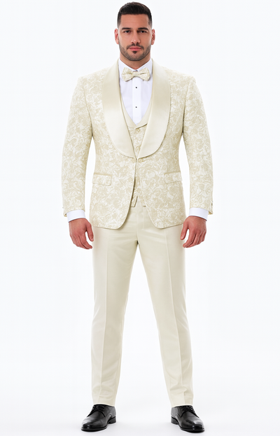 Ivory Floral Tuxedo Set with Wide Shawl Lapel β Wedding & Prom