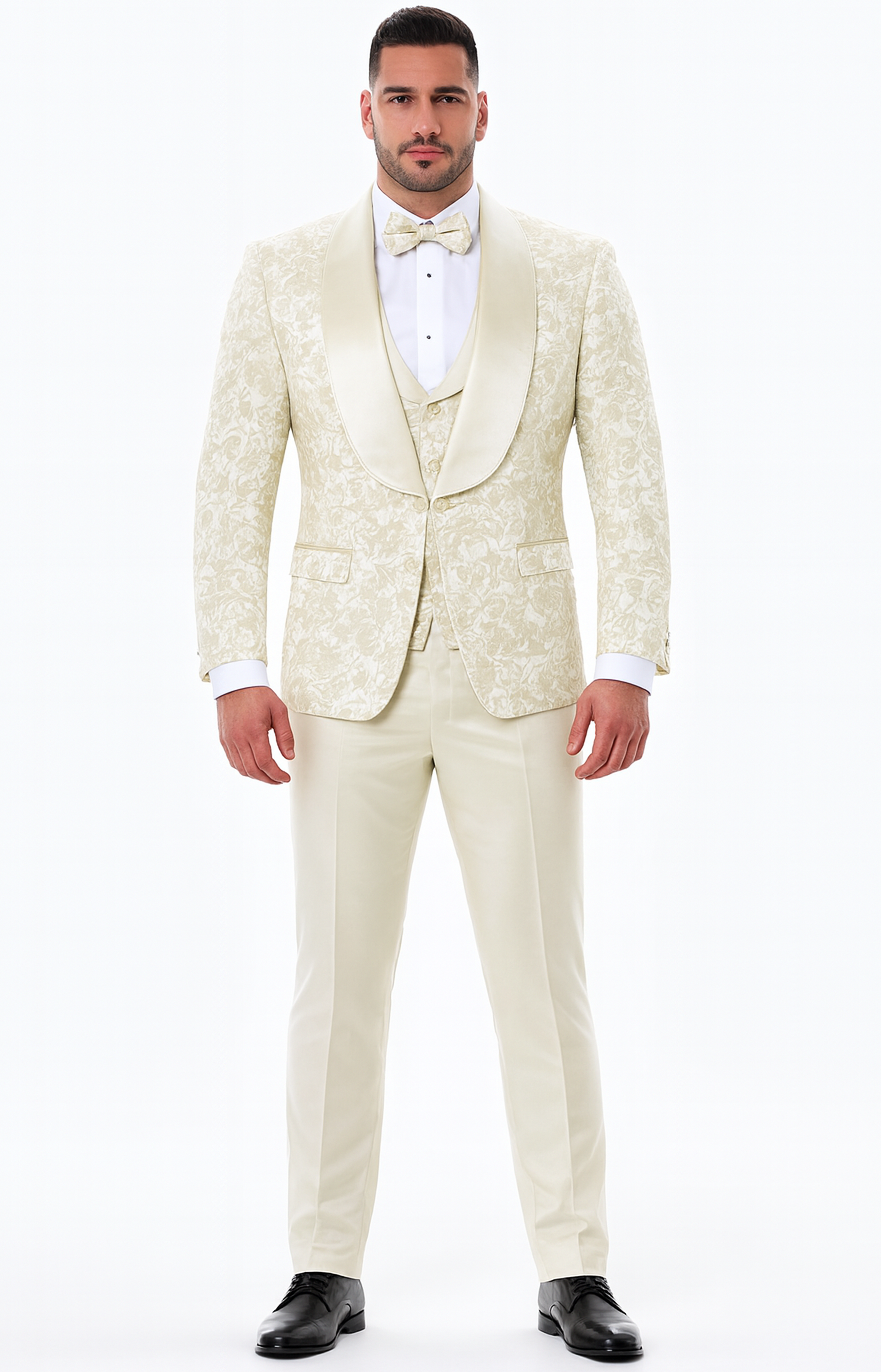 Ivory Floral Tuxedo Set with Wide Shawl Lapel – Wedding & Prom