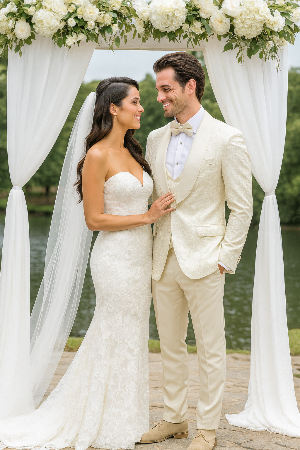 Ivory Floral Tuxedo Set with Wide Shawl Lapel β Wedding & Prom