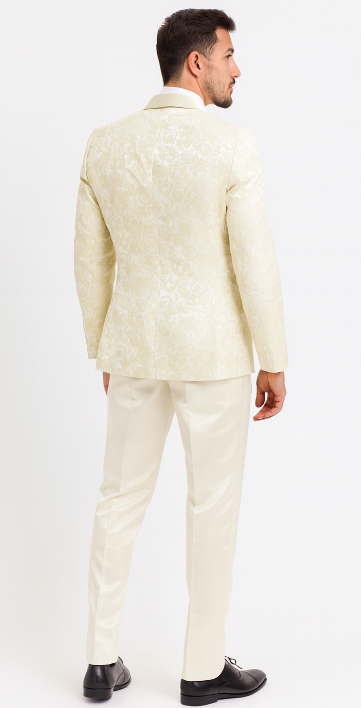 Ivory Floral Tuxedo Set with Wide Shawl Lapel β Wedding & Prom